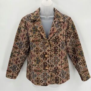 VTG Gemilli Blazer Jacket Womens Petite Large Tan Tapestry Made in USA Classic